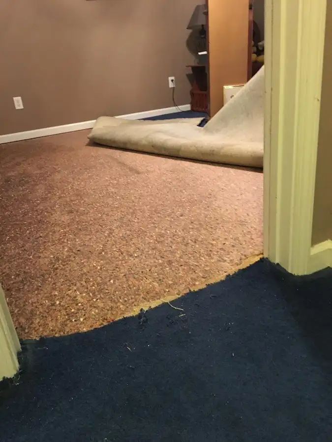 Carpet pad removal revealing water damage during Drying & Dehumidification in Magnolia